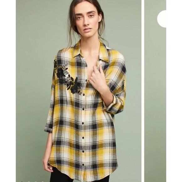 Anthropologie Maeve Embroidered Yellow Plaid Button Down Tunic Shirt XS k13 - Picture 1 of 11